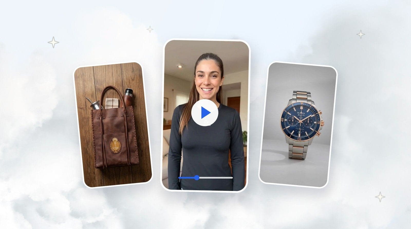 Videos de producto generados con IA para ecommerce en Shoptic: tres videos verticales de productos reales flotando sobre nubes