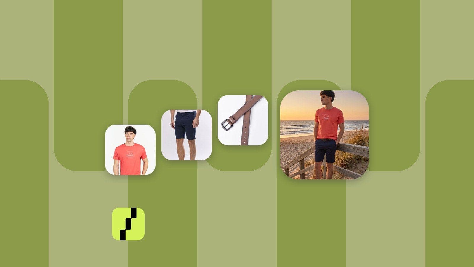 Tres productos sueltos del catalogo escalonados y el look completo generado con IA en Shoptic a partir de ellos