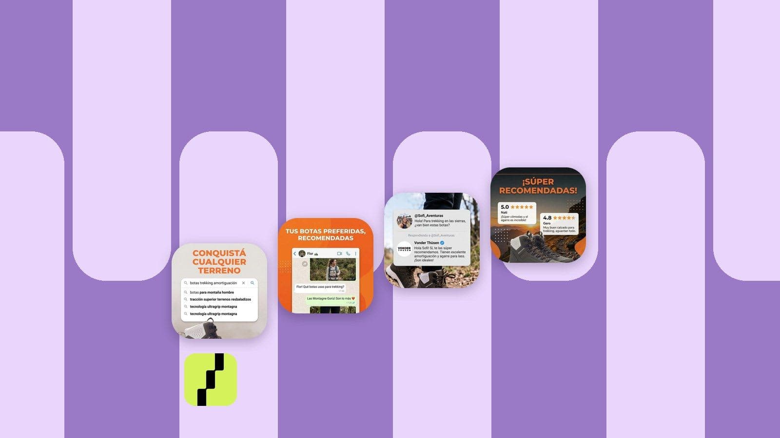 Cuatro angulos de anuncio distintos generados con IA en Shoptic a partir del mismo producto en una sola corrida